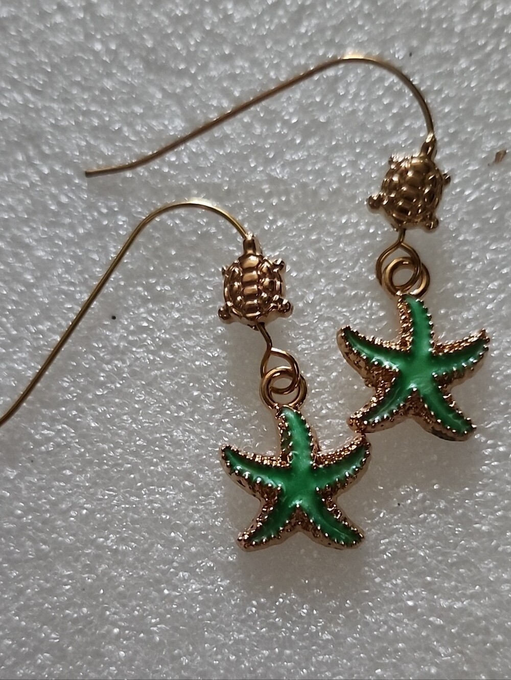 Hand Crafted Gold and Green Starfish Drop Earrings